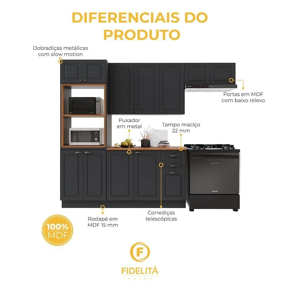 Cozinha Compacta Modulada Nara 12 Portas 2 Gavetas MDF 270CM Chumbo Fidelita Móveis webcontinental-7899208874161