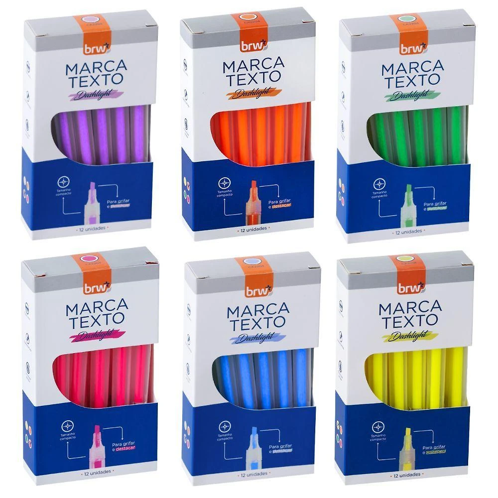 Marca Texto BRW Fluorescente Transparente Kit 6 Caixas 12 Unidades Cada 6 Cores