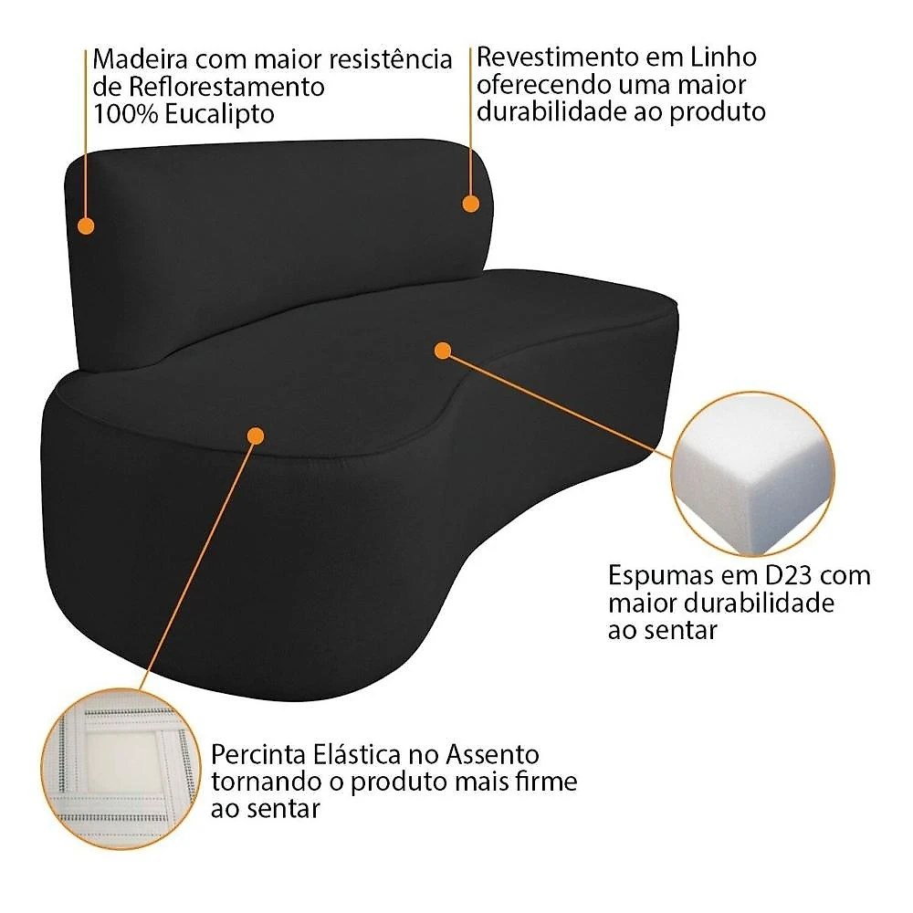 Sofá Curvo Orgânico 140cm 2 Lugares Linho Antonela Preto