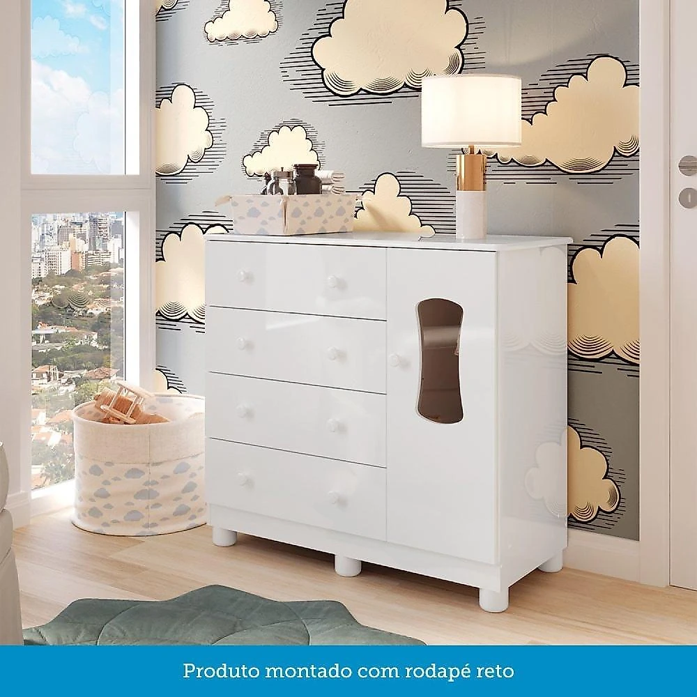 Quarto de Bebê Completo com Guarda Roupas 3 Portas Cômoda e Berço com Rodizio 100% Mdf Lana Espresso Branco Brilho