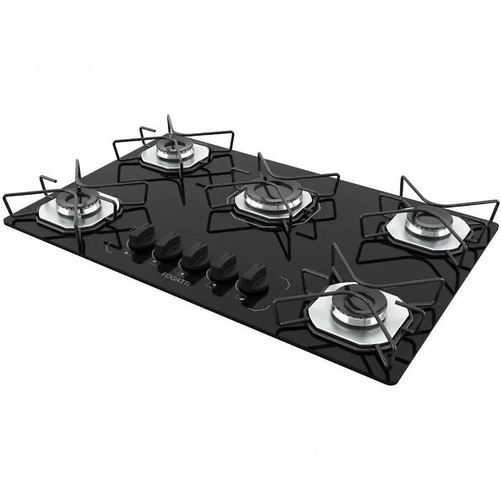 Cooktop a Gás Fogatti Ori 5 Bocas Vidro Temperado Preto Bivolt