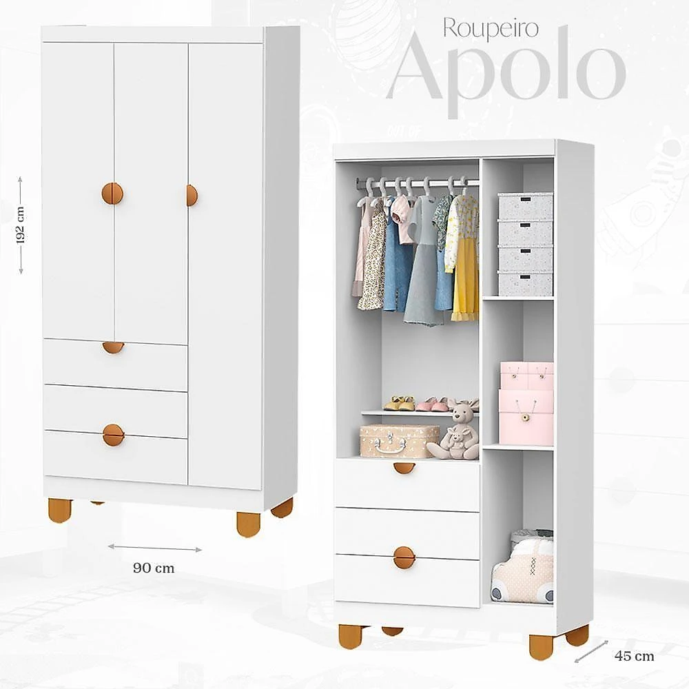 Quarto de Bebê Completo Apolo MDF 90CM Branco Fosco Berço Americano Cômoda Sapateira Guarda Roupa