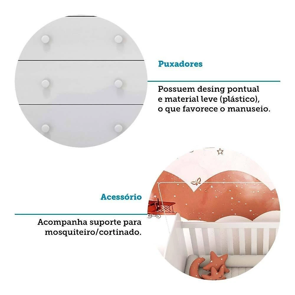 Quarto de Bebê Completo com Guarda Roupas 3 Portas Cômoda e Berço com Rodizio 100% Mdf Lana Espresso Branco Brilho