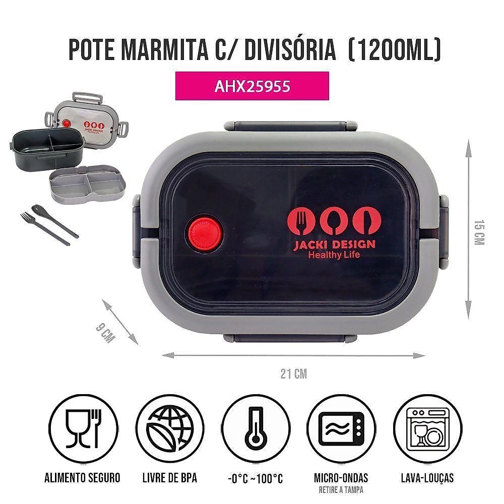 Kit Refeições Vibe Jacki Design – Marmita, Garrafa Térmica E Bolsa Térmica 2 Compartimentos - Cinza Preto