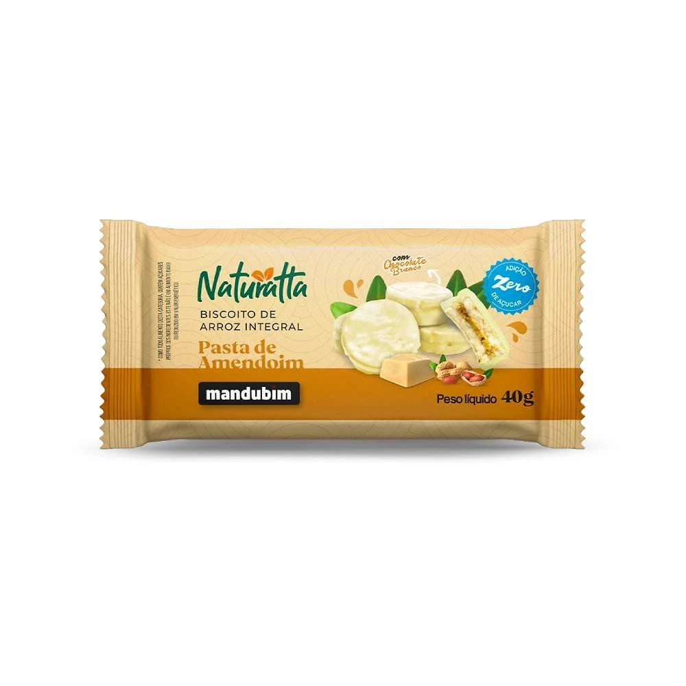 Biscoito De Arroz Recheado Pasta Amendoim Cobertura Chocolate Branco Zero Açúcar Naturatta 40g