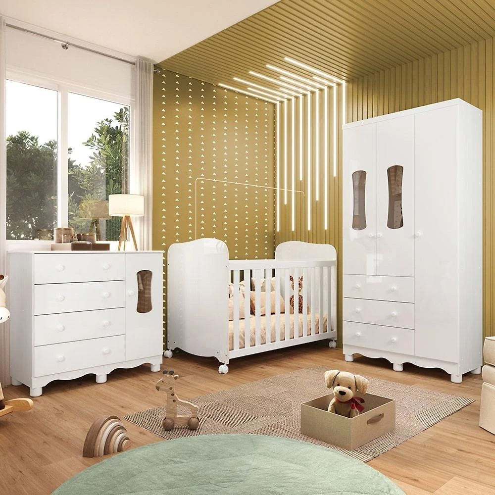 Quarto de Bebê Completo com Guarda Roupas 3 Portas Cômoda e Berço com Rodizio 100% Mdf Lana Espresso