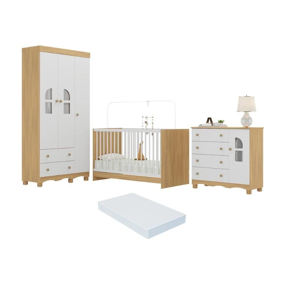 Quarto De Bebê Completo Com Berço 3 Em 1 Colchão Incluso Aurora Multimóveis MP4576 Madeirado-branco