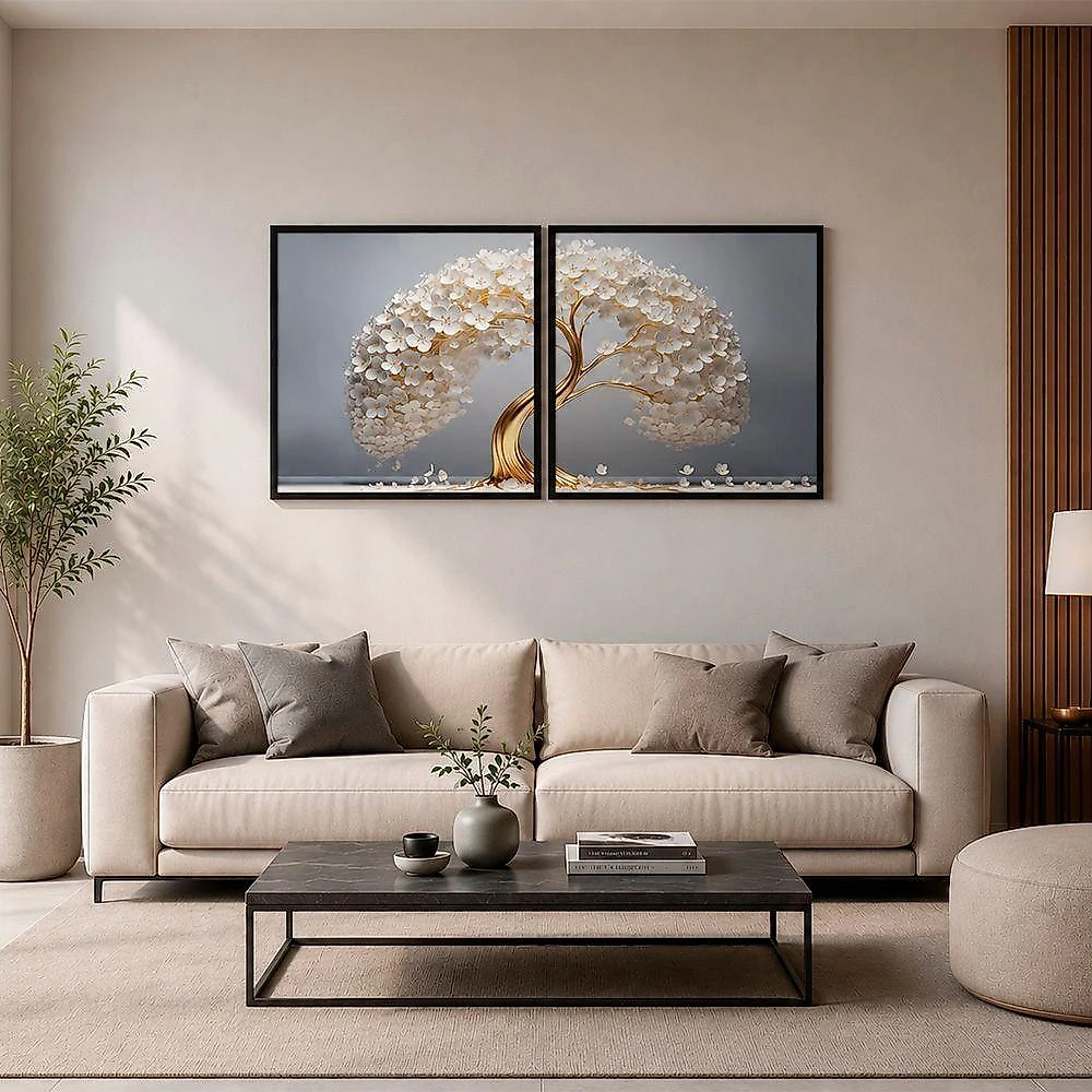 Quadro Decorativo Árvore de Ouro das Flores Brancas 90x90cm Kit 2 Moldura Preta Soleil Home Decor