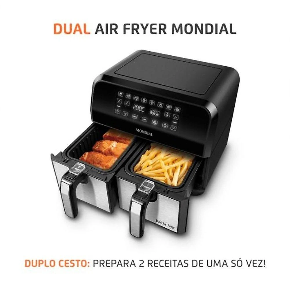 Fritadeira Air Fryer Dual Mondial AFD-01-BI 8L com Timer e Cestos Removíveis Preto Inox 110V