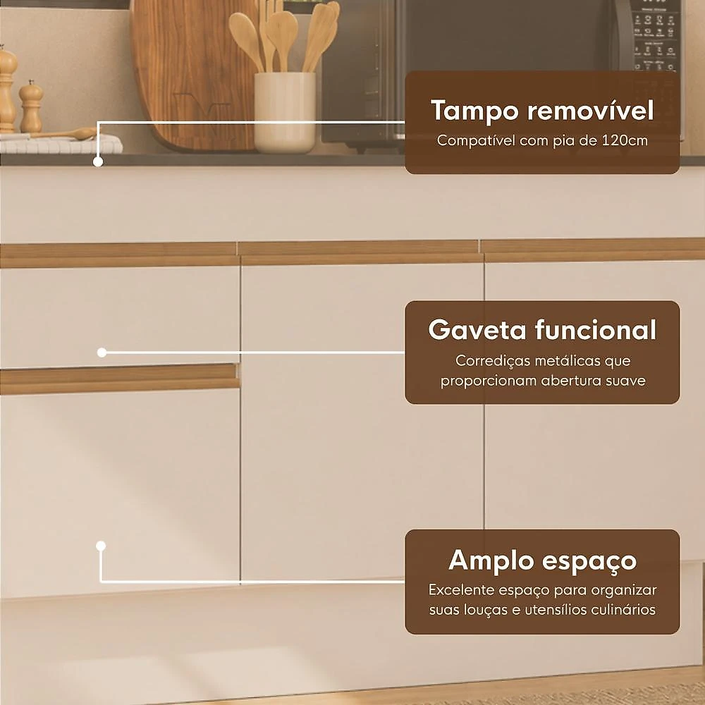 Armário de Cozinha Modulada Completa com Balcão e Rodapé 190cm Veneza Multimóveis MP2454 Cozinha Modulada Completa 190cm Veneza Multimóveis MP2454 - Branco