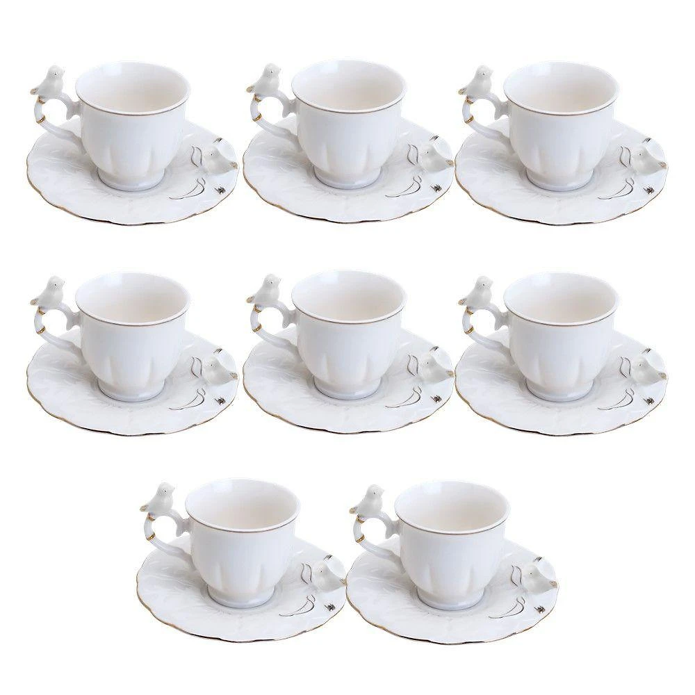 Jogo 8 Xícara De Café Porcelana Birds Branca Fio Dourado Pássaro Com Pires 100ml Wolff