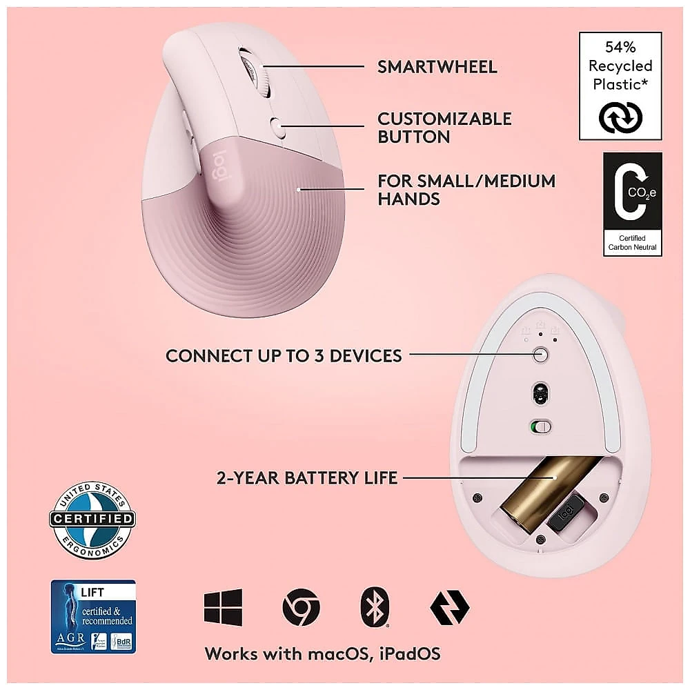 Mouse Ergonômico Vertical sem Fio Reduz a Tensão do Pulso com Bluetooth e Botões Silencioso, 4 Botões, LOGITECH 910 006...
