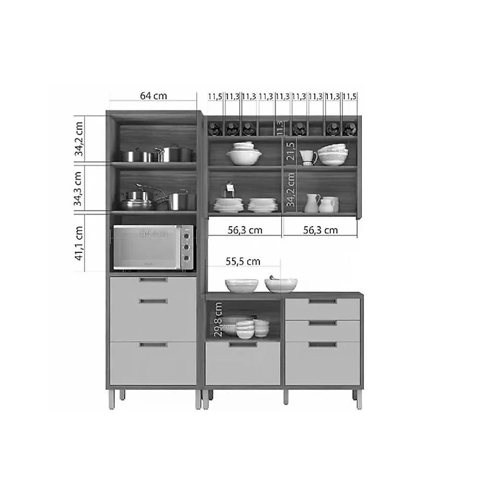 Cozinha Modulada Completa Imperatriz 3 Peças 1 Aéreo + Balcão + 1 Paneleiro C6p43 Freijó Off White
