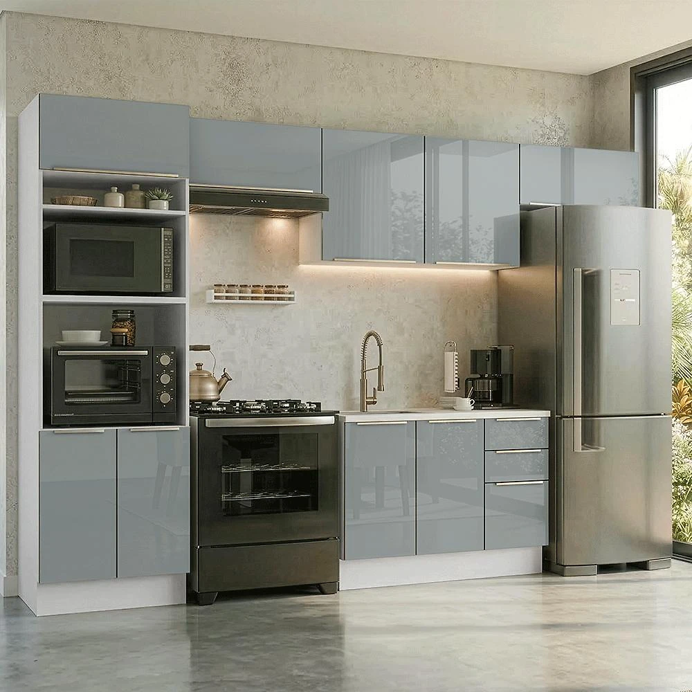 Armário de Cozinha Completa 350 x 60 cm Branco/Cinza Lux Madesa 02