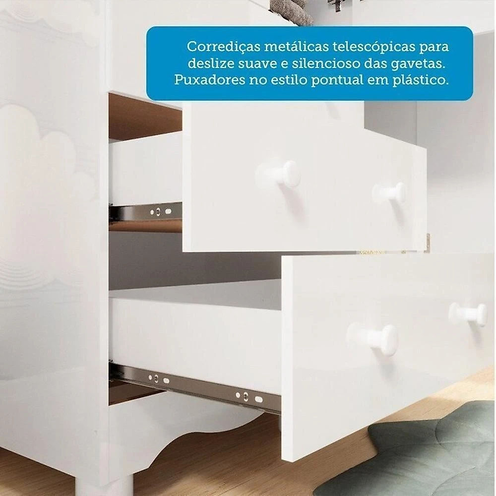 Quarto de Bebê com Guarda Roupa 3 Portas com Janelas e Berço Americano Nina 100% Mdf Espresso Móveis Branco Brilho