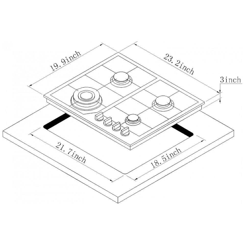Cooktop a gás 59cm Deli-mate inox 4 queimadores selados 27500BTU dual fuel GN/GLP acendimento elétrico 110V