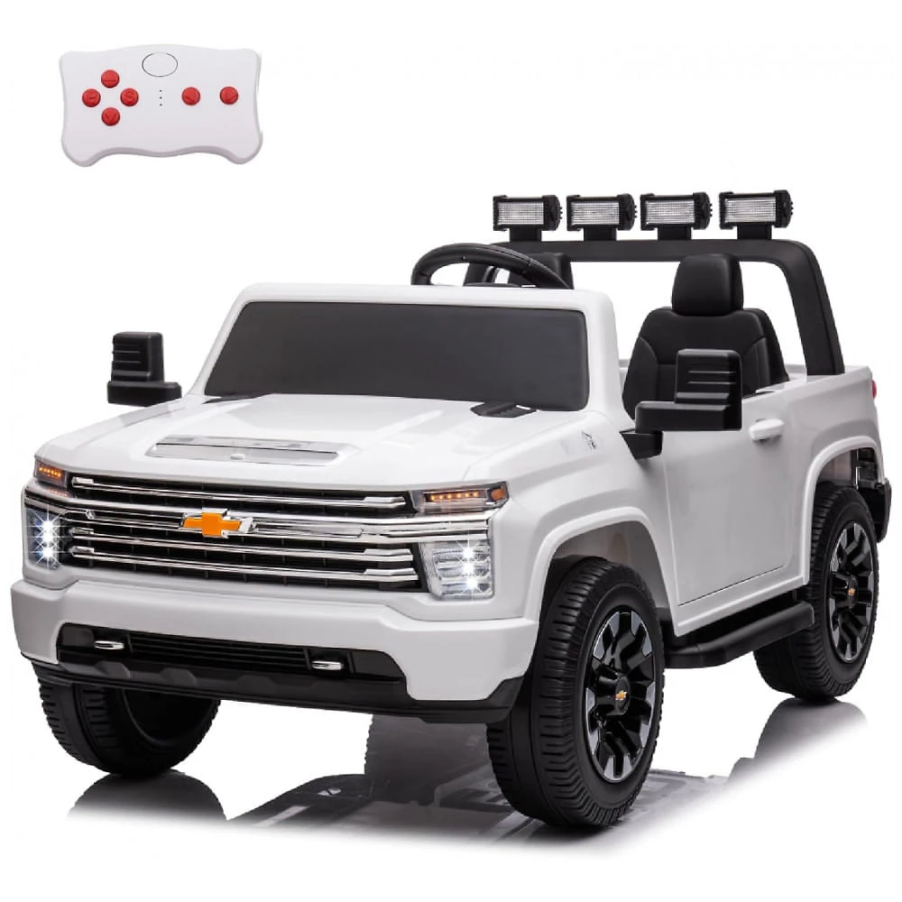 Carro Elétrico Infantil Chevrolet a Bateria 24V com 2 Lugares, Música, Luz LED e Controle Remoto, POSTACK, Branco