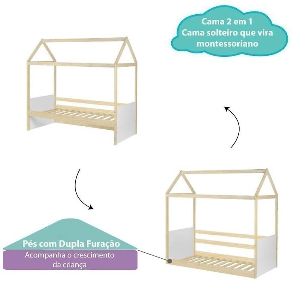 Cama Montessoriana Casinha com Led e grade New Garden Casatema MadeiraOriginals Cama Reversivel Casinha com Telhado, Led e Grade Dupla Frontal New Garden Casatema Branco/Natural