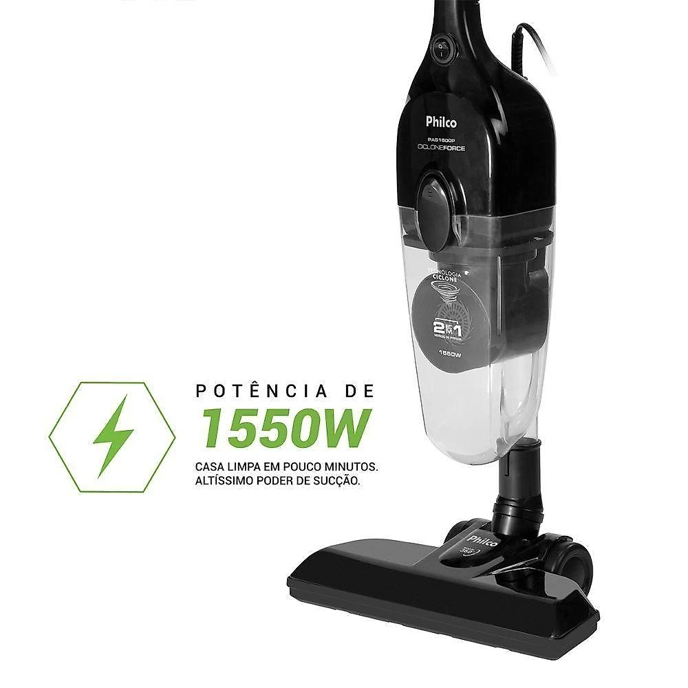 Aspirador de Pó Vertical 2 em 1 Philco PAS1600P 1550W 0,5L Preto 110V