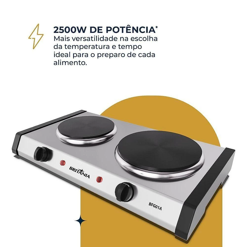Fogão Elétrico de Mesa Britânia BFG01A 2 Bocas Aço Inox Branco com Temperatura Ajustável 220V