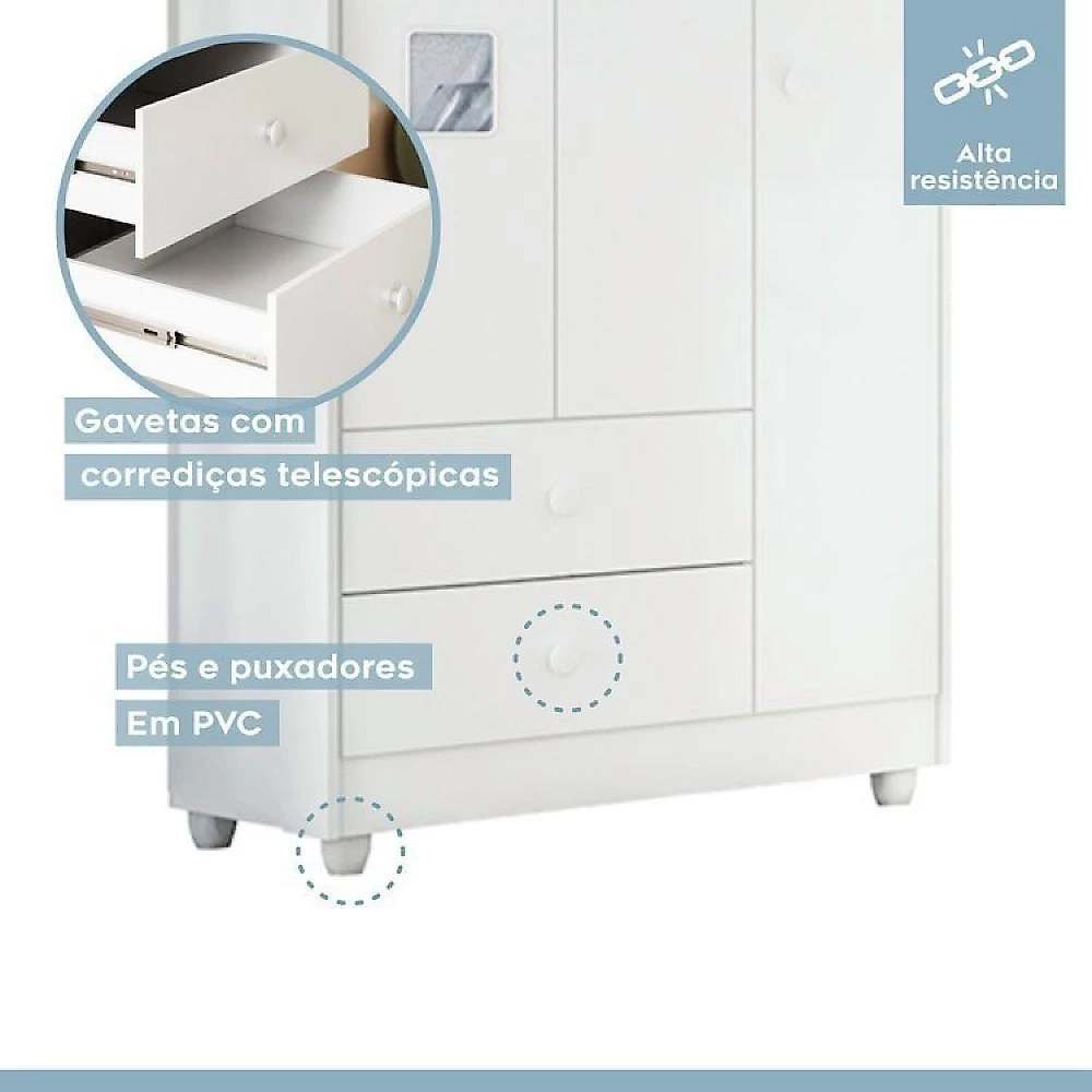 Quarto de Bebê com Berço com Suporte, Cômoda 1 Porta 4 Gavetas Life e Roupeiro 3 Portas 2 Gavetas Branco