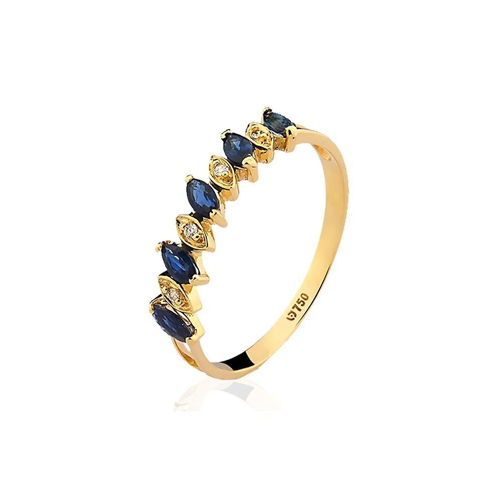 Anel Meia Aliança Ouro 18k Safira Azul Navete L 15.9 Tamanho 12