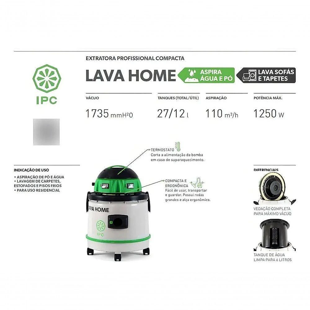 Lava Aspirador Tambor de Água e Pó IPC Brasil Lava Home 27L 1250W Preto e Verde 220V
