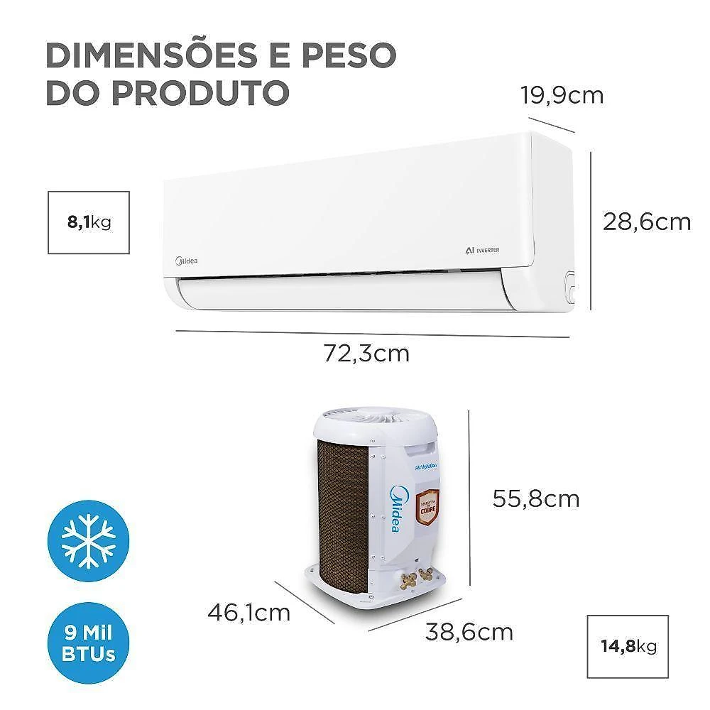 Ar condicionado split inverter midea ai airvolution 9000 btus frio 220v 38tavca09m5