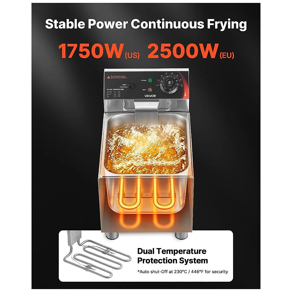 Fritadeira Elétrica Comercial VEVOR 11,5L Inox Tanque Removível Proteção Superaquecimento 110V