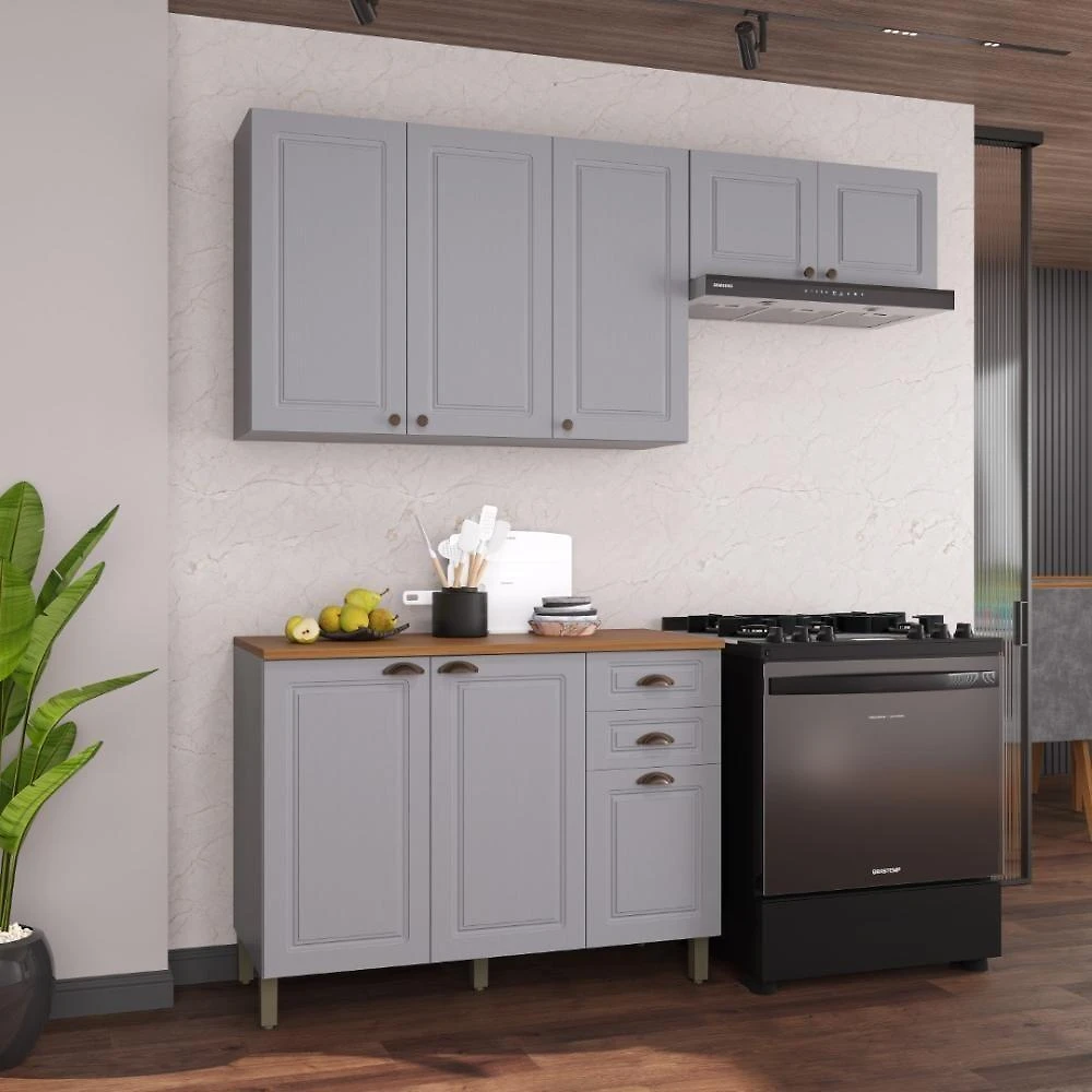 Cozinha Compacta Modulada Nara 8 Portas 2 Gavetas MDF 200CM Titânio Fidelita Móveis