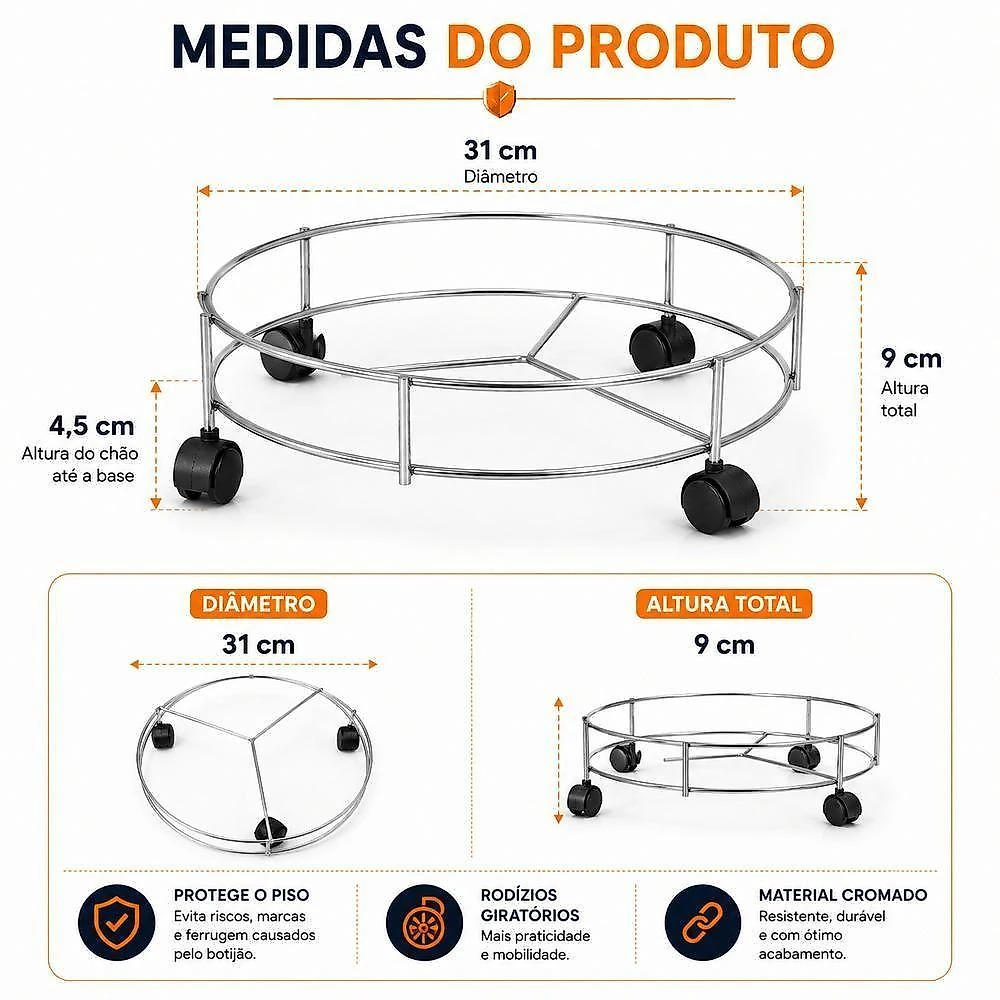 Suporte Multiuso com Rodízios para Botijão de Gás Galão de Água e Vaso de Planta em Aço Cromado