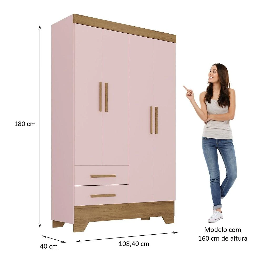 Miniatura Quarto Infantil Completo Guarda Roupa 4 Portas 2 Gavetas com Cômoda Liz Rosa Fosco/Nature
