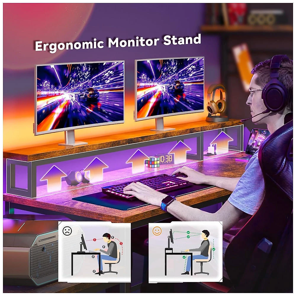 Mesa Gamer em L EnHomee 160 cm com Luzes LED e Tomadas Elétricas, Design Reversível com Prateleiras de Armazenamento e Ganchos, Suporte para Monitor