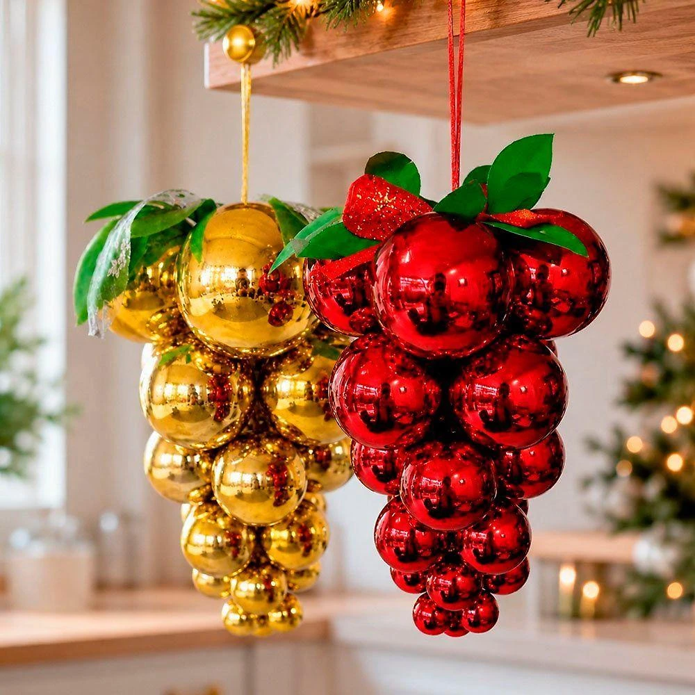 Enfeite para Árvore de Natal Cacho de Uva Bolas Douradas e Vermelhas Kit 2pçs Vermelho Dourado