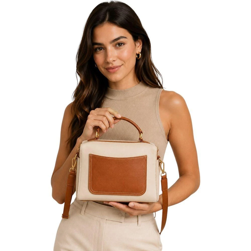 Bolsa Feminina Zup Bags Manhattan Couro Legítimo Off White e Marrom e Azul Escuro Feminino