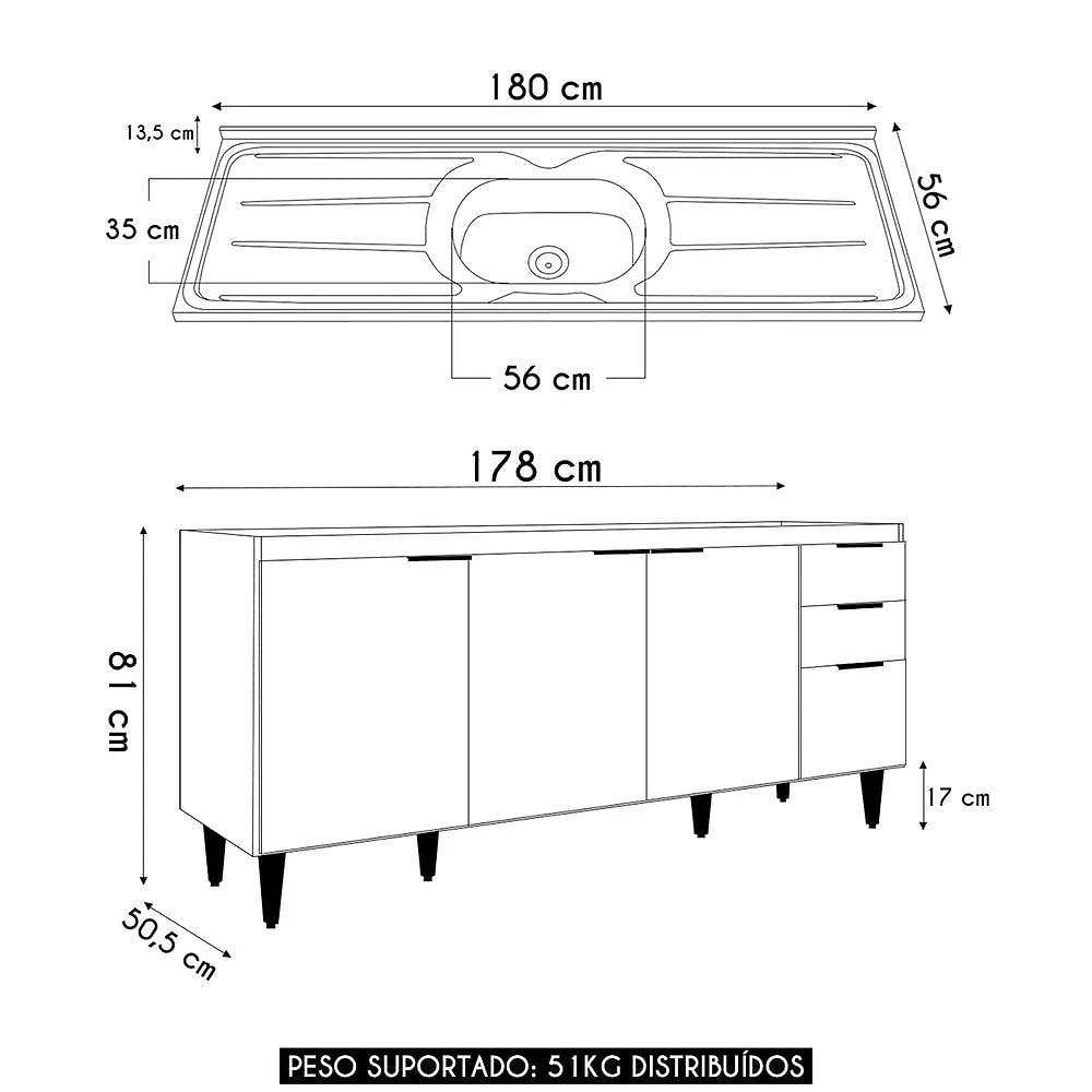 Miniatura Balcão De Cozinha Com Pia Inox 180cm Pérola Z34 Freijó Grafite Mpozenato