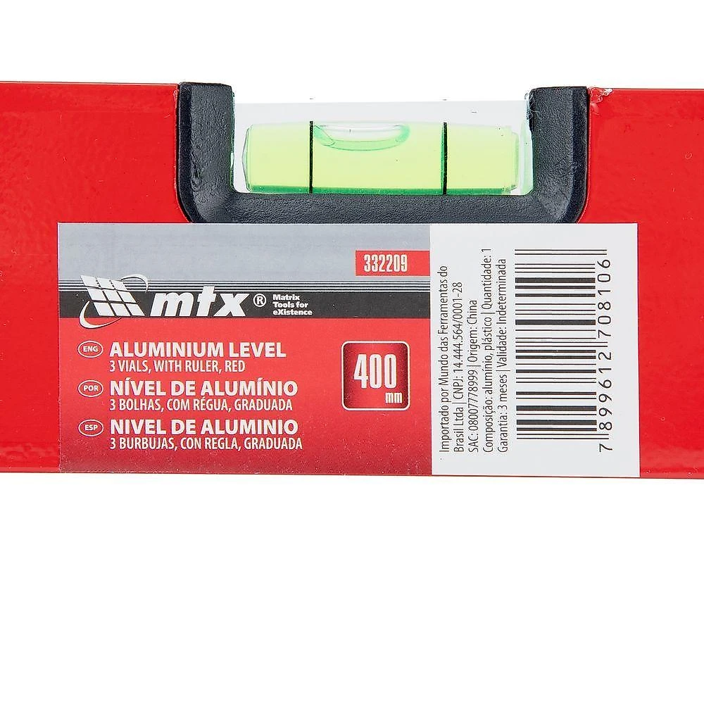 Nível de Alumínio com Régua 332209 3 Bolhas 400mm Vermelho Mtx