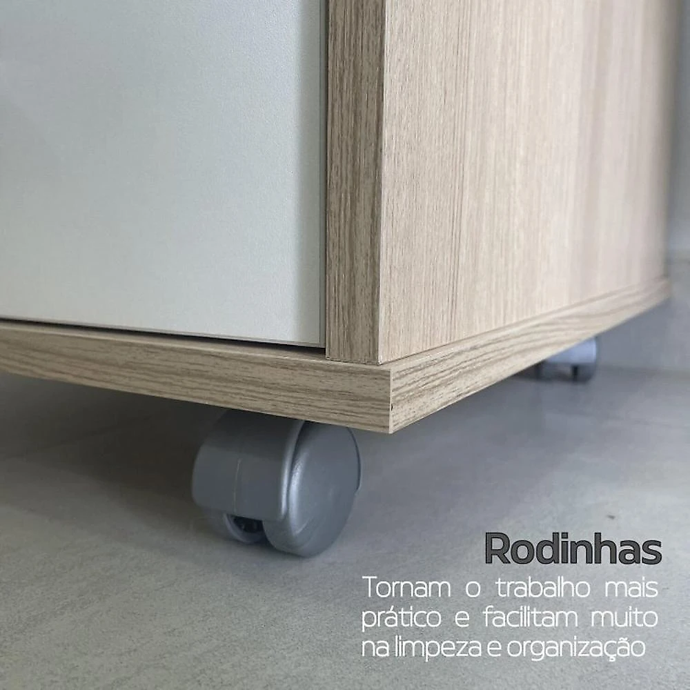 Kit 3 Peças com Estação Diretor em L de Tamburato, Balcão 2 Portas e Gaveteiro Organizador Carvalho/Branco