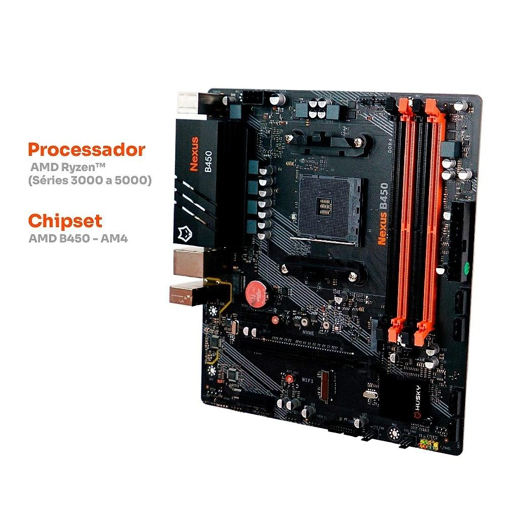 Miniatura Placa-Mãe Husky Nexus B450, M.2 NVMe, DDR4 3200MHz, Ryzen 5000/3000/2000, Micro-ATX, 64GB Dual Channel - HPM450