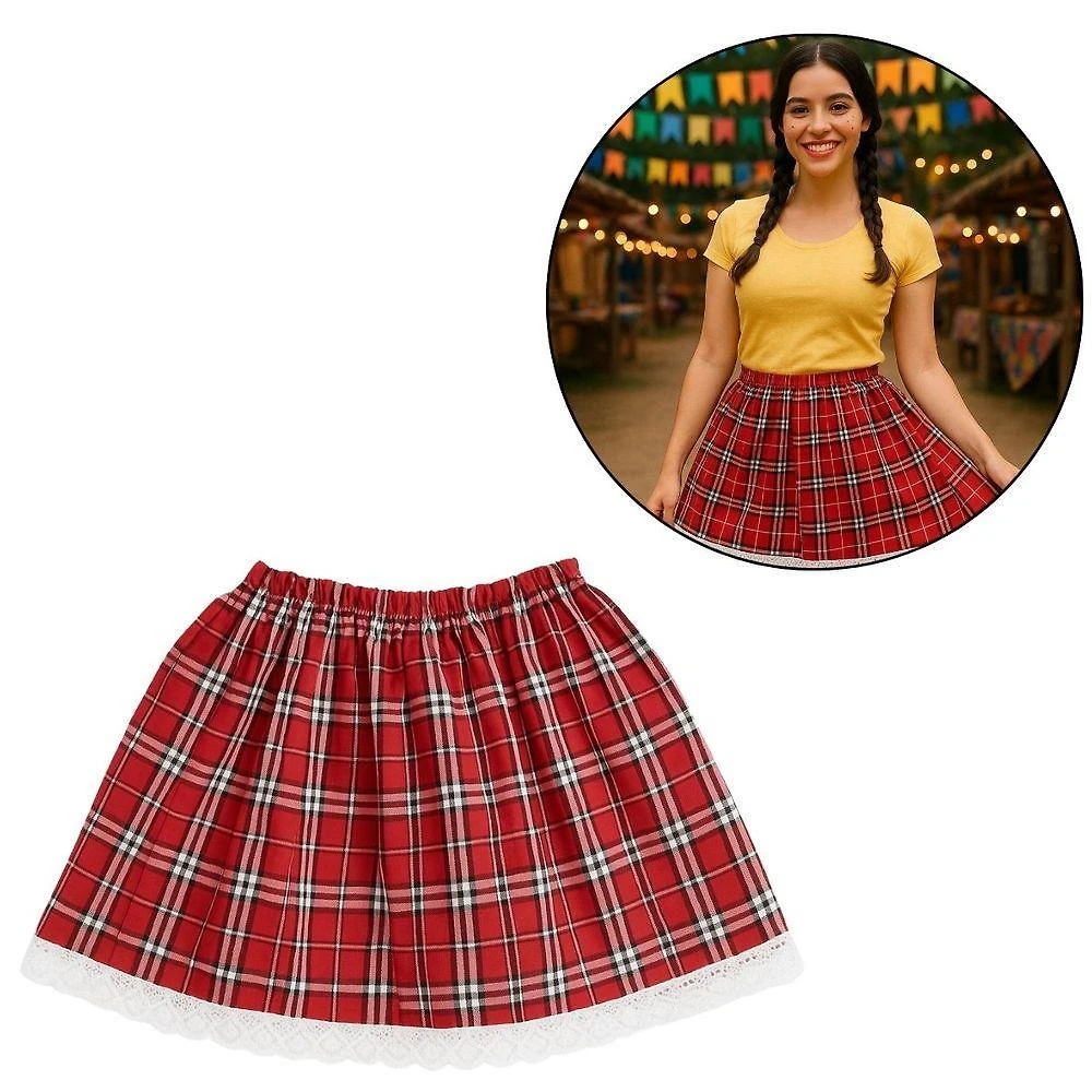 Saia Festa Junina Xadrez Bordada Adulto 32cm Vermelho e Branco Extra Festas
