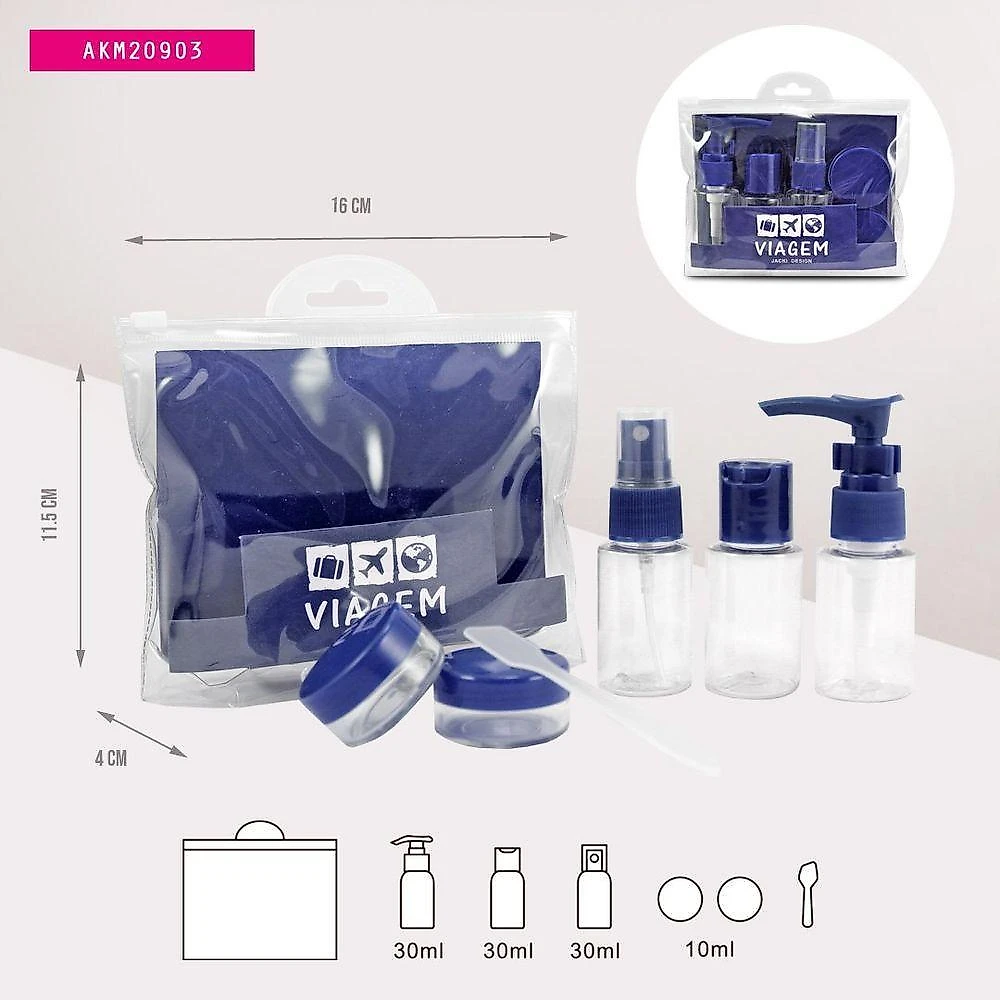 2 Kit De Frascos P/ Viagem De 7 Peças - Jacki Design Preto / Azul
