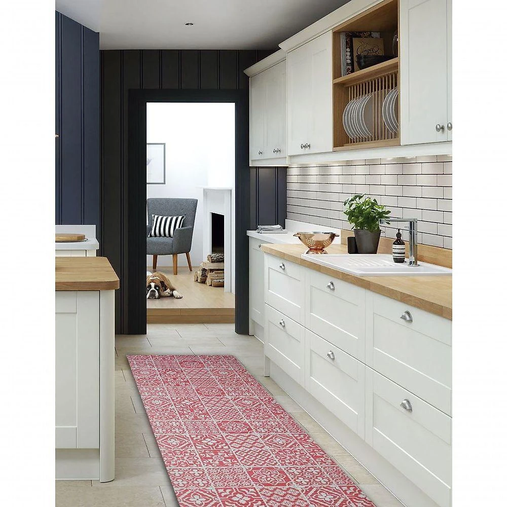 Tapete Passadeira Emborrachada Pvc Antiderrapante 0,65x3,00m Azulejo Vermelho Branco