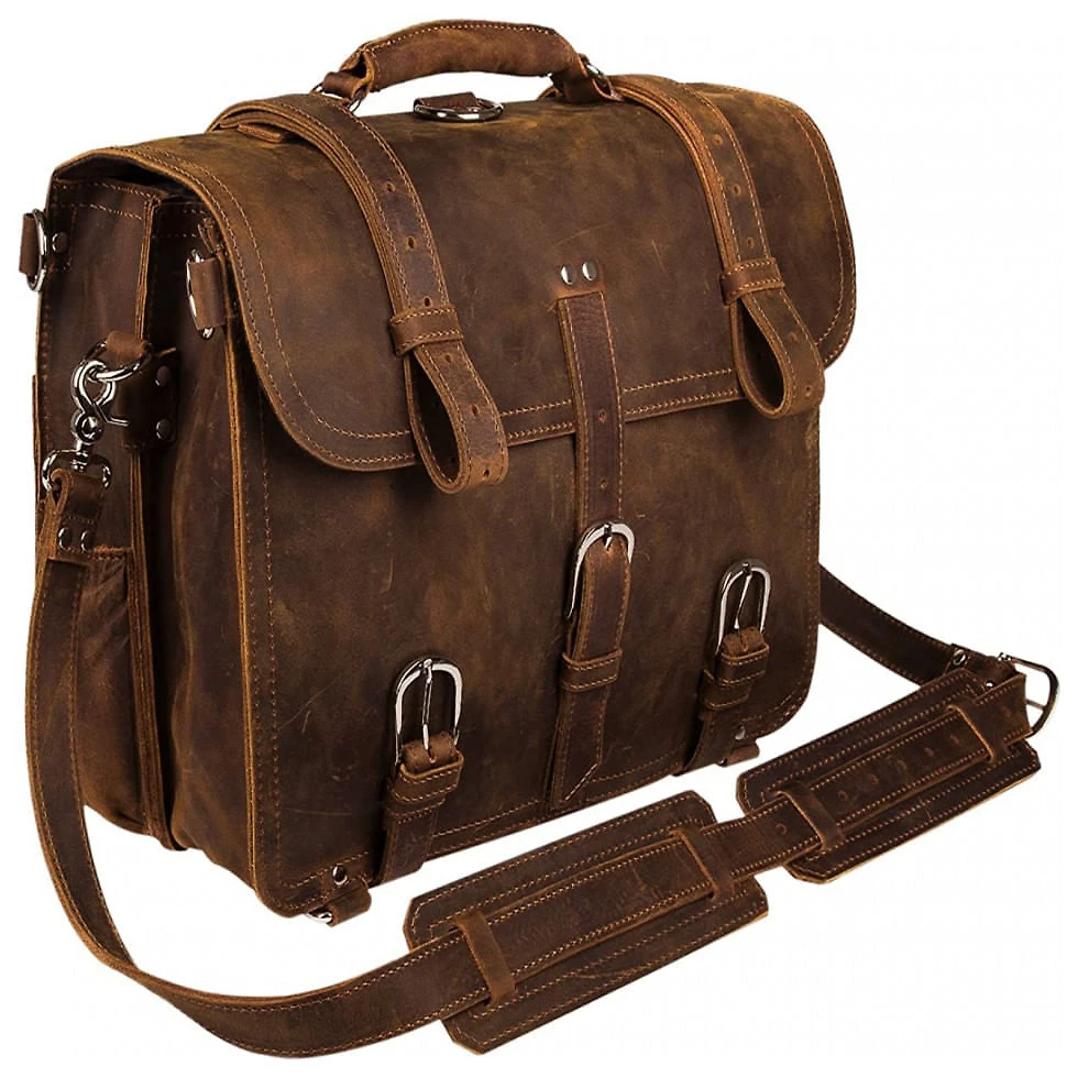 Bolsa Maleta Augus de Couro Unissex para Laptop , Marrom