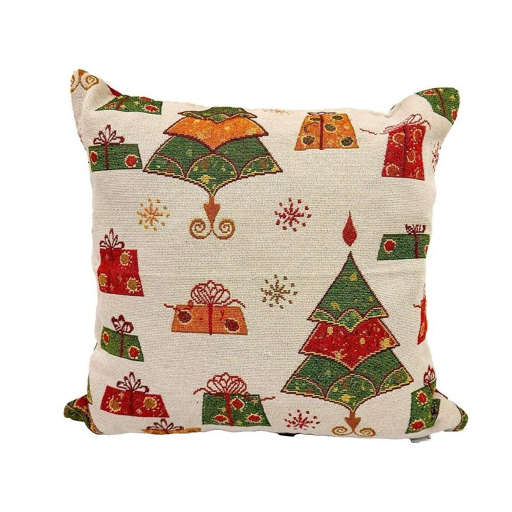 Capa de Almofada Natalina com Enchimento Gobelin Pinheiros e Presentes Vermelho Yangzi 45CM