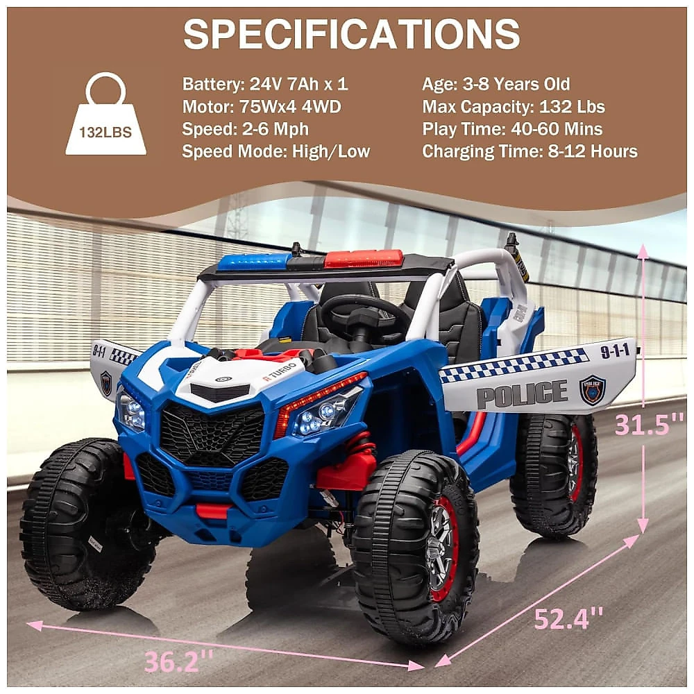 Carro Elétrico Infantil, Jeep da Policia com Controle Remoto, 2 Lugares, 4 Amortecedores, Bancos de Couro, Música e Luzes LED, 24V, Hetoy, Azul e 110v