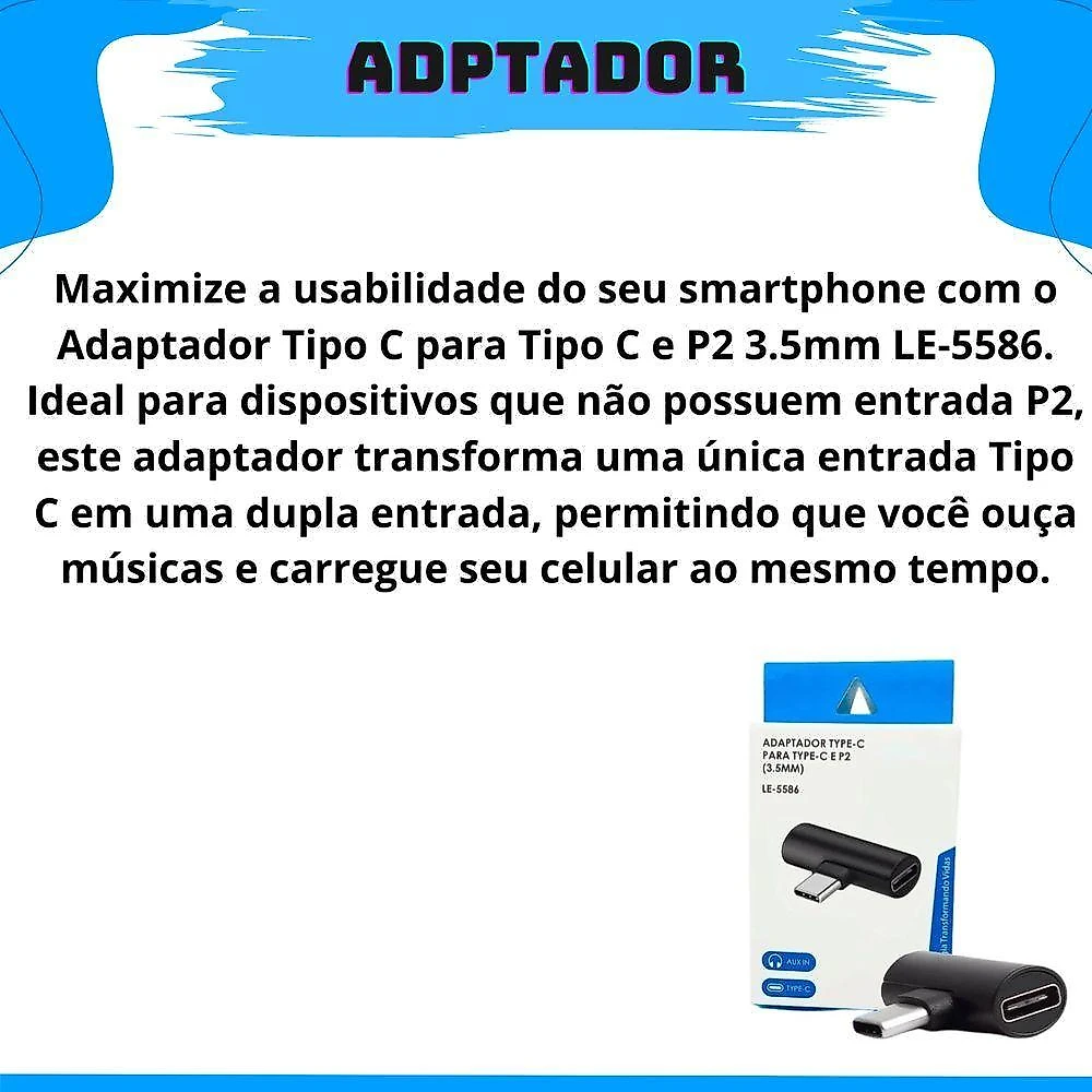 Adaptador Para Smartphone Celulares Tipo-c Para Tipo-c E P2 3.5mm Le-5586 Capa Bolsa Prova Dágua
