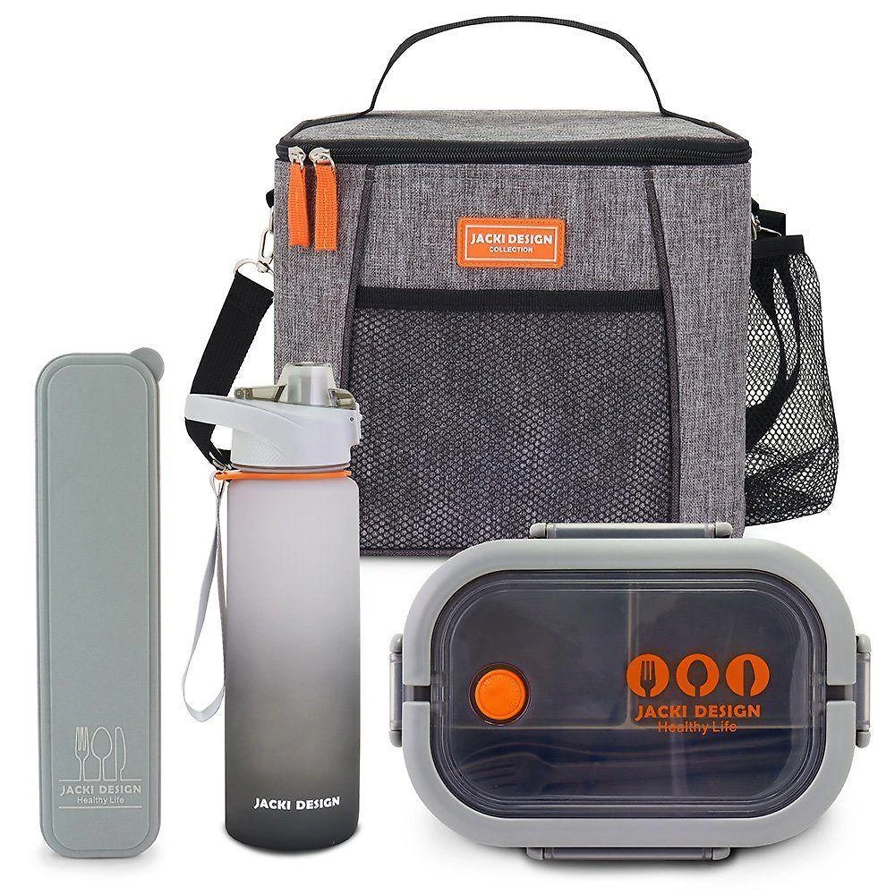 Kit bolsa térmica, marmita, garrafa 1l, porta talheres vibe cinza