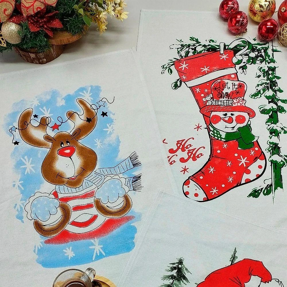 Kit 4 Unidades Pano De Prato Copa Kazzavip Sacaria 90% Algodão Natal 50cmx70cm Estampado Branco