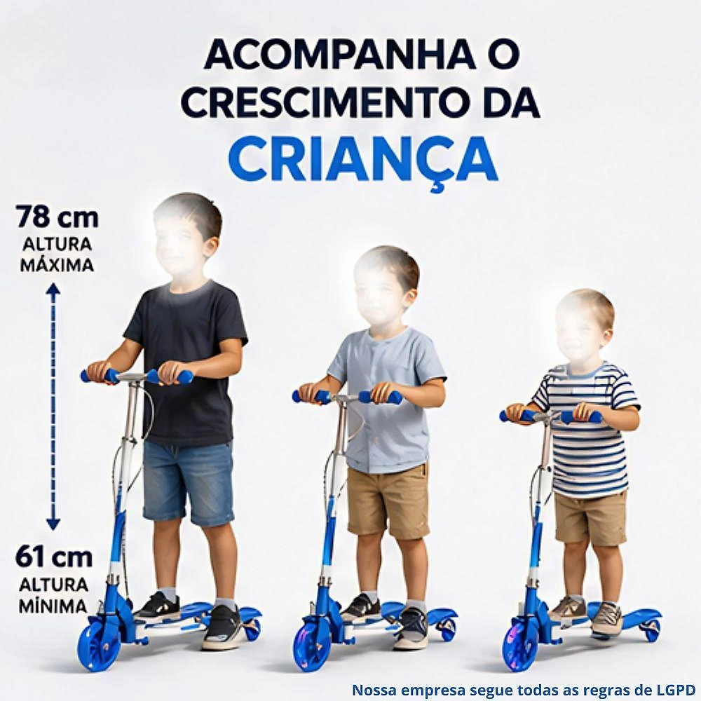 Patinete Infantil 3 Rodas Azul com Guidão Ajustável Até 78cm para Crianças Unitoys