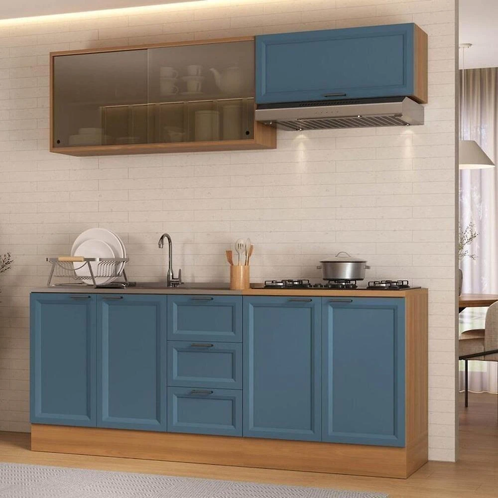 Cozinha Compacta 4 Peças 2 Aéreos 2 Balcões Soho CabeCasa MadeiraOriginals Freijó/Azul